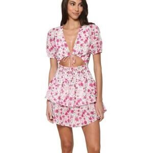 Olivaceous Ruffled Smocked Drop Waist Cutout Floral Mini Dress Short Puff Sleeve